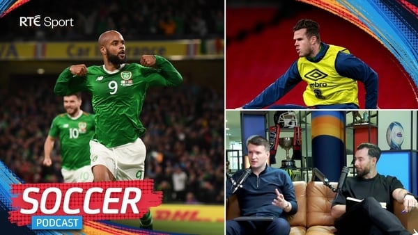 The RTE Soccer Podcast episode of 16 March 2026 featuring images of (clockwise from left) David McGoldrick, Kevin Long, Richie Towell and Paul Corry.