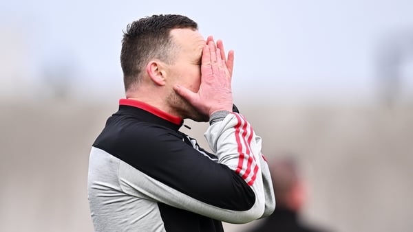 14 March 2026; Mayo manager Andy Moran reacts after his side committed a breach violation during the Allianz Football League Division 1 match between Kerry and Mayo at Austin Stack Park in Tralee, Kerry. Photo by Piaras Ó Mídheach/Sportsfile