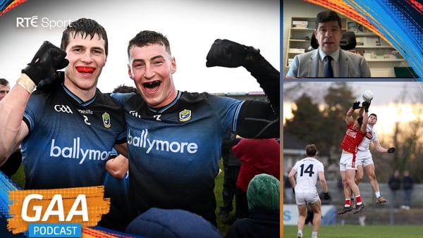 A thumbnail for the RTE GAA PODCAST round 6 football league with three photographs and graphics