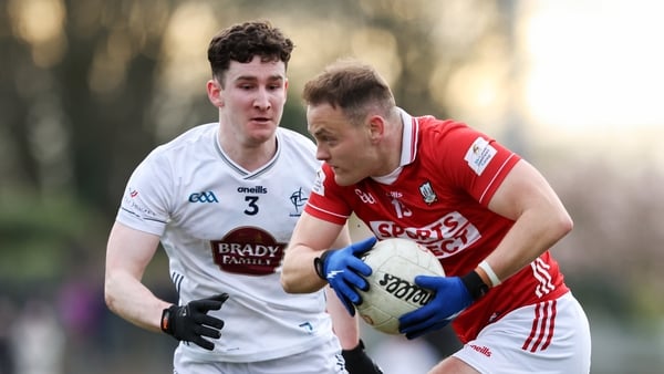 14 March 2026; Steven Sherlock of Cork in action against Padraic Spillane of Kildare during the Allianz Football League Division 2 match between Cork and Kildare at Páirc Uí Rinn in Cork. Photo by Michael P Ryan/Sportsfile