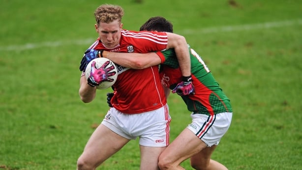 31 January 2016; Ruairi Deane, Cork, in action against Jason Doherty, Mayo. Allianz Football League, Division 1, Round 1, Cork v Mayo, P�irc Ui Rinn, Cork. Picture credit: Eoin Noonan / SPORTSFILE