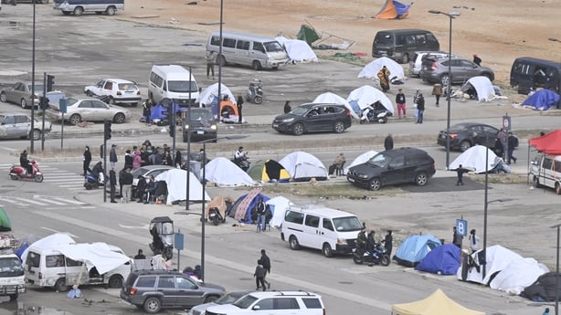 BEIRUT, LEBANON - MARCH 15: An aerial view shows Lebanese families who fled their homes in the Dahiye area in southern Beirut after the Israeli army forced residents to leave the area, as they spend their days in streets and parks and shelter in makeshift tents along the capitalâs coastal area despi
