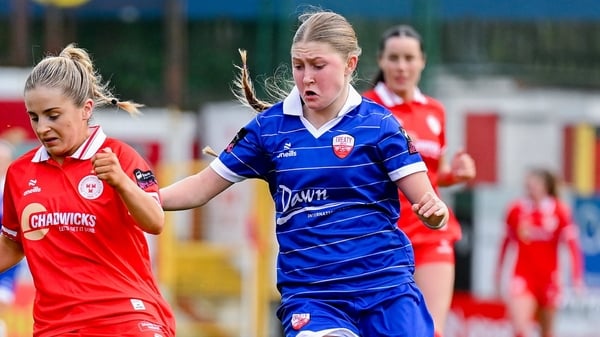 Lucy O’Rourke of Shelbourne in action against Madison Mcguane of Treaty United during the SSE Airtricity Women's Premier Division match between Shelbourne and Treaty United at Tolka Park in Dublin.