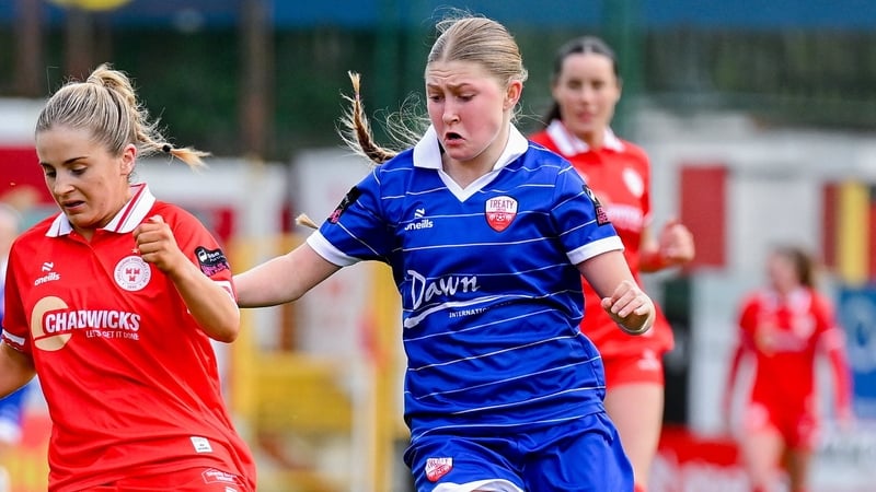Lucy O’Rourke of Shelbourne in action against Madison Mcguane of Treaty United during the SSE Airtricity Women's Premier Division match between Shelbourne and Treaty United at Tolka Park in Dublin.