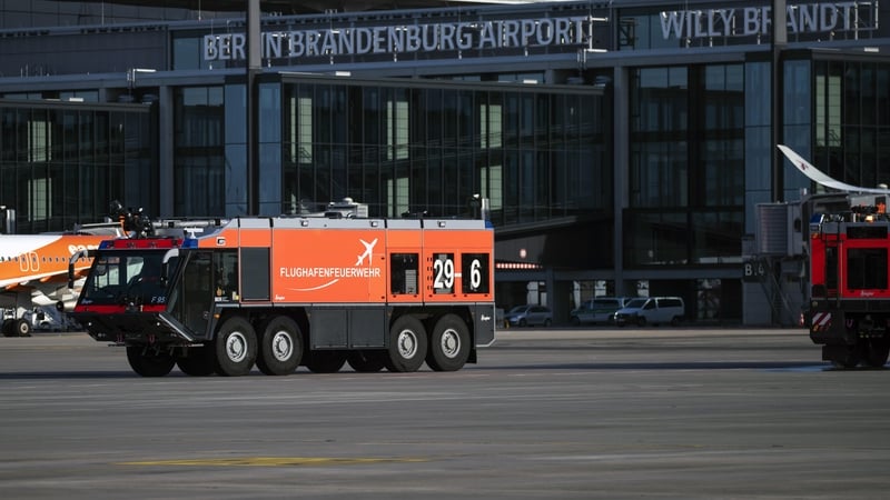 A firefighter's wagon is seen by the Terminal 1 of newly opened BER Berlin Brandenburg Willy Brandt Airport