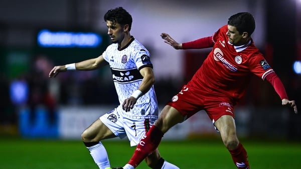 Connor Parsons of Bohemians in action against Sean Gannon of Shelbourne, Premier Division, March 2026