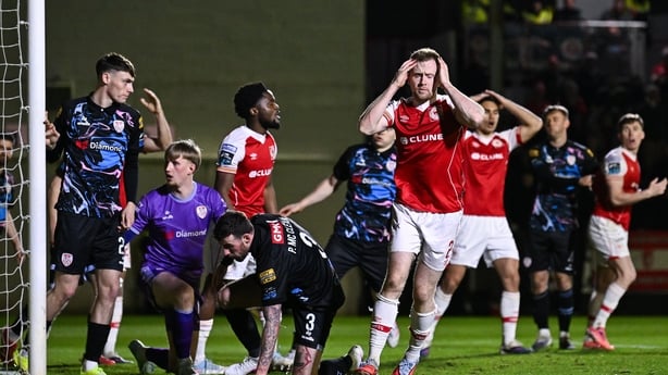 Sean Hoare of St Patrick's Athletic reacts after a missed goal chance against Derry City - Premier Division, March 2026