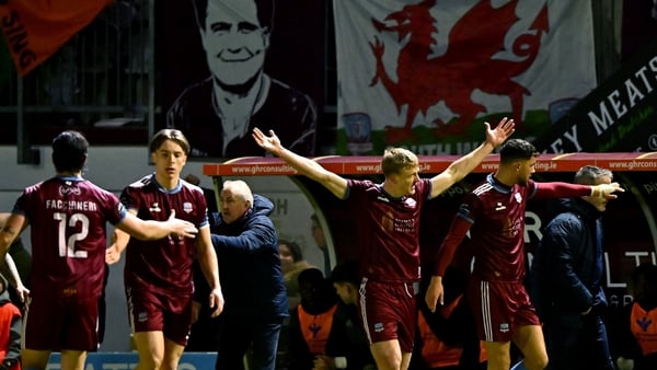 Kris Twardek of Galway United, centre, after scoring against Waterford FC, Premier Division, March 2026