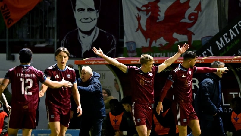 Kris Twardek of Galway United, centre, after scoring against Waterford FC, Premier Division, March 2026