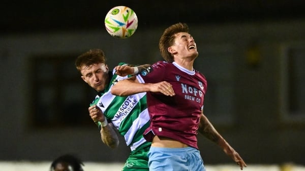 16 March 2026; Jago Godden of Drogheda United in action against Danny Grant of Shamrock Rovers during the SSE Airtricity Men's Premier Division match between Drogheda United and Shamrock Rovers at Sullivan & Lambe Park in Drogheda, Louth. Photo by Shauna