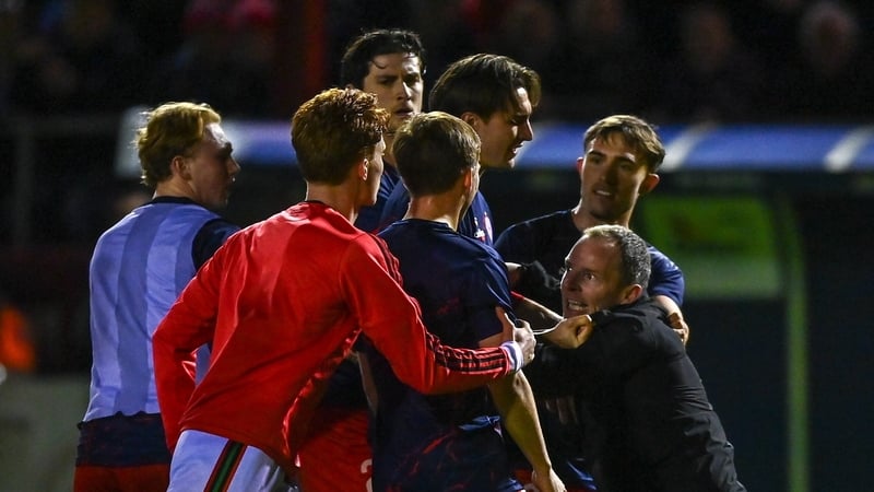 16 March 2026; Bohemians first team coach Derek Pender, right, tussles with Shelbourne players before the SSE Airtricity Men's Premier Division match between Shelbourne and Bohemians at Tolka Park in Dublin. Photo by Tyler Miller/Sportsfile