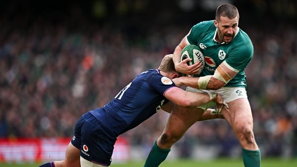 Stuart McCloskey of Ireland in action against Kyle Steyn of Scotland - 2026 Six Nations
