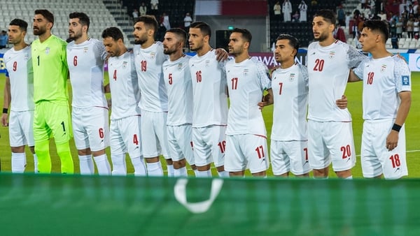 Iran players stand for their national anthem before the FIFA World Cup 2026 AFC Asian Qualifiers group A third round match between Qatar and Iran at Jassim Bin Hamad Stadium in Doha, Qatar, on June 5, 2025 (Photo by Noushad Thekkayil/NurPhoto via Getty Im