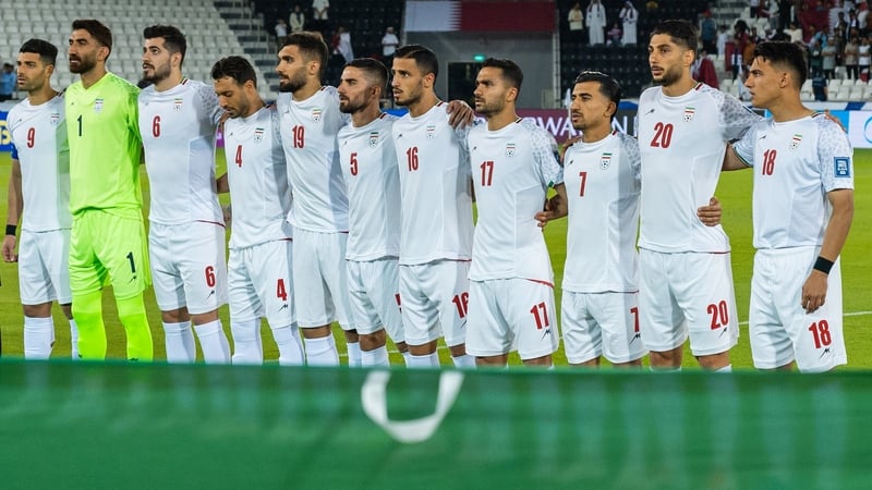 Iran players stand for their national anthem before the FIFA World Cup 2026 AFC Asian Qualifiers group A third round match between Qatar and Iran at Jassim Bin Hamad Stadium in Doha, Qatar, on June 5, 2025 (Photo by Noushad Thekkayil/NurPhoto via Getty Im
