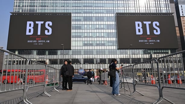 Billboards promoting a comeback concert of K-pop boy group BTS at Gwanghwamun Square in Seou