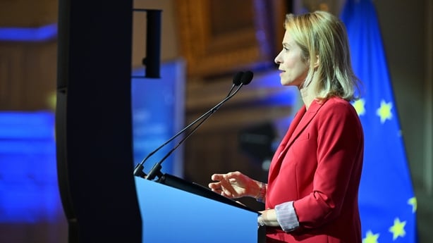 European Union High Representative for Foreign Affairs and Security Policy Kaja Kallas delivers a speech in Brussels