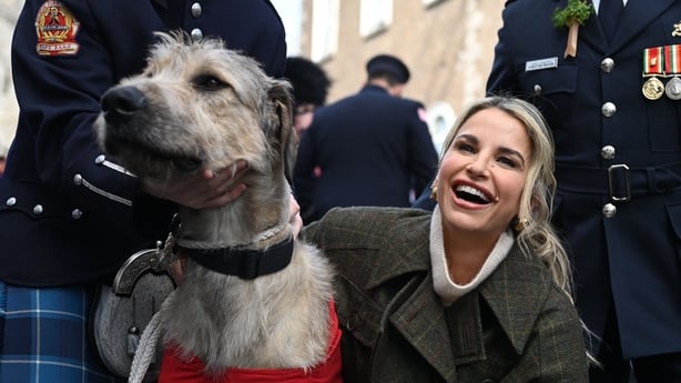 Grand Marshal Vogue Williams poses with wolfhound Murlough during Dublin's St Patrick's Day Parade