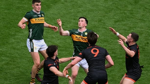 29 June 2025; Paul Murphy of Kerry in action against Armagh players, left to right, Joe McElroy, Ben Crealey, and Oisin Conaty during the GAA Football All-Ireland Senior Championship quarter-final match between Armagh and Kerry at Croke Park in Dublin. Photo by Daire Brennan/Sportsfile