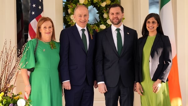 Taoiseach Micheal Martin and his wife Mary O'Shea a greeted by US vice president JD Vance and his wife Usha Vance before a breakfast at the Naval Observatory