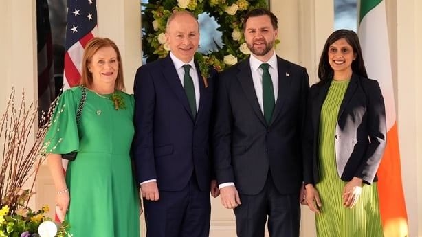 Taoiseach Micheal Martin and his wife Mary O'Shea a greeted by US vice president JD Vance and his wife Usha Vance before a breakfast at the Naval Observatory