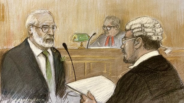 Court artist sketch by Elizabeth Cook of Gerry Adams being questioned by Edward Craven KC 