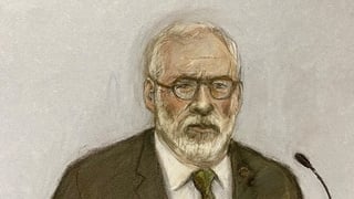 Court artist sketch by Elizabeth Cook of Gerry Adams, wearing a sprig of shamrock in the top pocket of his suit
