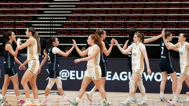 Ireland and Israel players high five after the FIBA Women's EuroBasket 2027 Qualifiers Group A match between Ireland and Israel at Komandas Sporta Spelu Halle in Riga, Latvia.