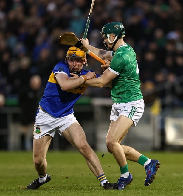 21 February 2026; Seánie Kenneally of Tipperary in action against Matthew Fitzgerald of Limerick during the Allianz Hurling League Division 1A match between Tipperary and Limerick at FBD Semple Stadium in Thurles, Tipperary. Photo by Paul Phelan/Sportsfile
