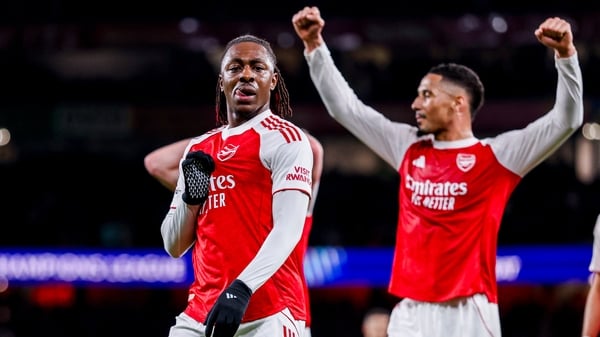 LONDON, ENGLAND - MARCH 17: Eberechi Eze of Arsenal celebrates after scoring his teams first goal during the UEFA Champions League 2025/26 Round of 16 Second Leg match between Arsenal FC and Bayer 04 Leverkusen at Arsenal Stadium on March 17, 2026 in Lond