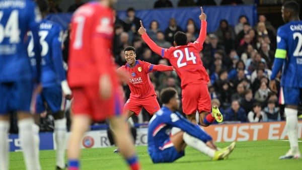 PSG players celebrate a goal during the UEFA Champions League 2025/26 Round of 16 second-leg match between Chelsea and Paris Saint-Germain at Stamford Bridge in London, United Kingdom on March 17, 2026.