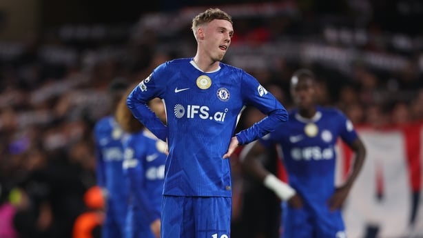 Cole Palmer of Chelsea looks dejected during the UEFA Champions League 2025/26 Round of 16 Second Leg match between Chelsea FC and Paris Saint-Germain FC at Stamford Bridge on March 17, 2026 in London, England. 