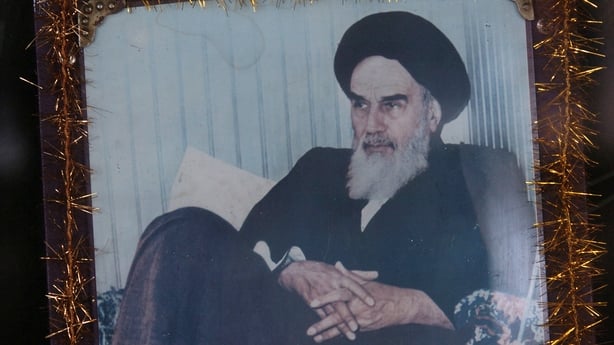 A portrait of Ayatollah Ruhollah Khomeini, leader of Iran's 1979 Islamic revolution