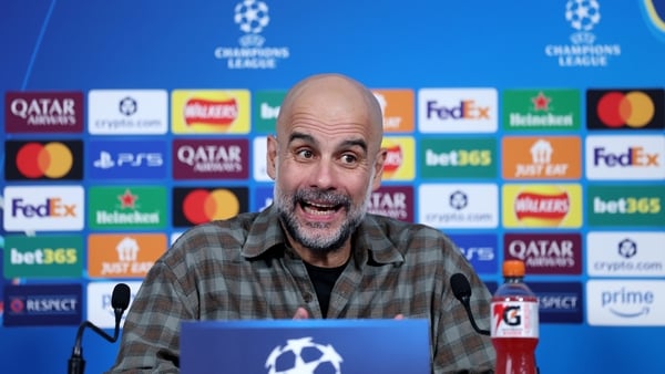 Pep Guardiola, Manager of Manchester City, speaks to the media in a post match press conference after the team's defeat in the UEFA Champions League 2025/26 Round of 16 Second Leg match between Manchester City FC and Real Madrid CF at City of Manchester S