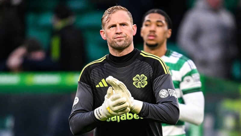 Celtic's Kasper Schmeichel looks dejected at full time during a William Hill Premiership match between Celtic and Hibernian at Celtic Park, on February 22, 2026, in Glasgow, Scotland.
