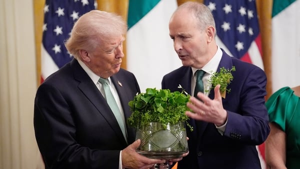 Micheál Martin presents US President Donald Trump with a bowl of Shamrock