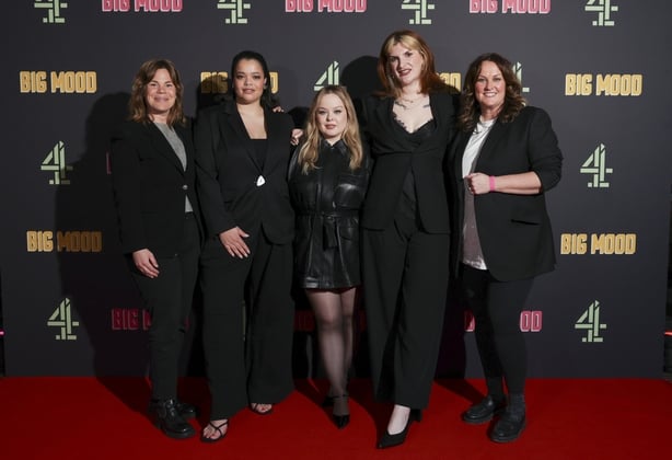 LONDON, ENGLAND - MARCH 17: (L-R) Producer Laura Riseam, Lydia West, Nicola Coughlan, Writer Camilla Whitehill and guest during the "Big Mood" Series 2 Preview Screening at BFI Southbank on March 17, 2026 in London, England. (Photo by Simon Ackerman/Getty Images)