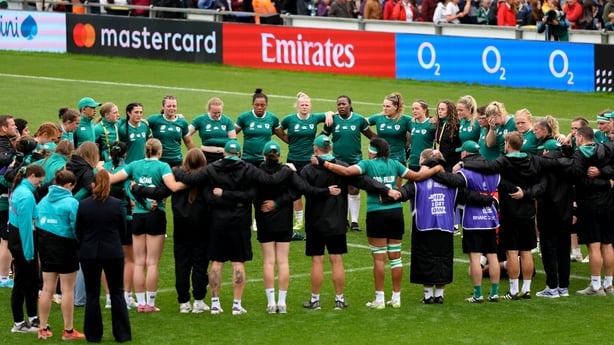 14 September 2025; Ireland players and staff huddle after the Women's Rugby World Cup 2025 quarter-final match between France and Ireland at Sandy Park in Exeter, England. Photo by Harry Murphy/Sportsfile