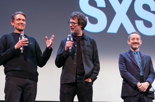 Matt Bettinelli-Olpin, Tyler Gillett and Elijah Wood at "Ready or Not 2: Here I Come" Premiere during the SXSW Conference & Festivals held at Paramount Theatre on March 13, 2026 in Austin, Texas. (Photo by Stephen Olker/SXSW Conference & Festivals via Getty Images)