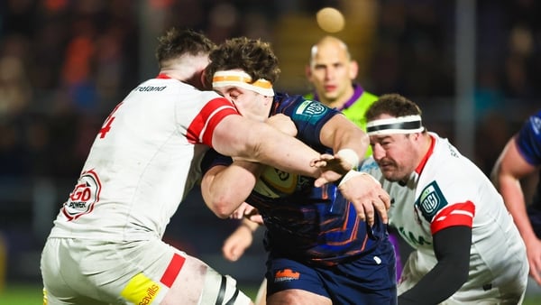 EDINBURGH, SCOTLAND - MARCH 13: Ulster's Harry Sheridan's shoulder connects with an Edinburgh players head and he receives a yellow card during a BKT United Rugby Championship match between Edinburgh Rugby and Ulster Rugby at Hive Stadium, on March 13, 20