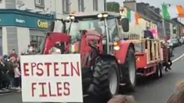 An 'Epstein Files' St Patrick's Day float pictured in Ballinrobe, Co Mayo