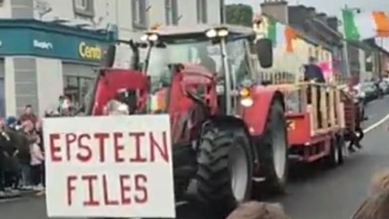 An 'Epstein Files' St Patrick's Day float pictured in Ballinrobe, Co Mayo