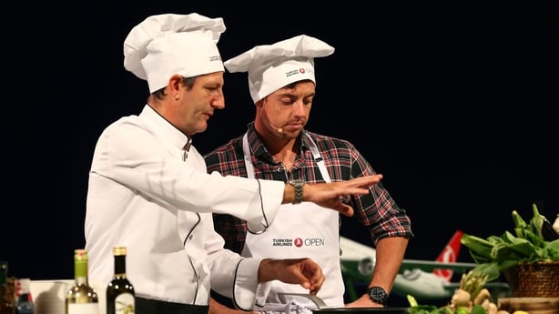 ANTALYA, TURKEY - OCTOBER 28: Rory McIlroy of Northern Ireland competes against Charl Schwartzel of South Africa in the Turkish Airlines 'Gourmet Golf Challenge' prior to the start of the Turkish Airlines Open at the Montgomerie Maxx Royal Golf Club on October 28, 2015 in Antalya, Turkey. (Photo by 