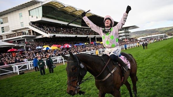 13 March 2026: Jockey Paul Townend celebrates on Gaelic Warrior after winning the Boodles Cheltenham Gold Cup Chase on day four of the 2026 Cheltenham Racing Festival at Prestbury Park in Cheltenham, England. Photo by David Fitzgerald/Sportsfile