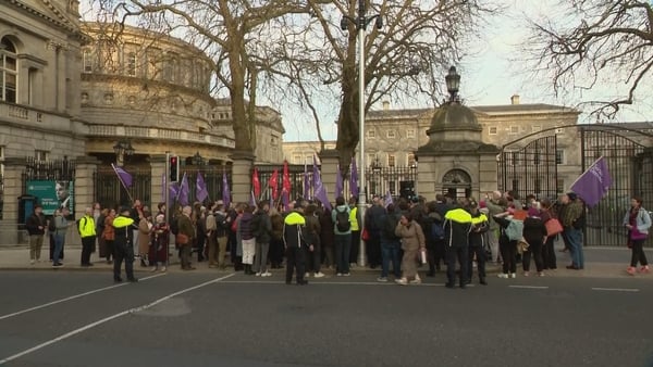 Wide view of crowd of protesters outside Leinster House