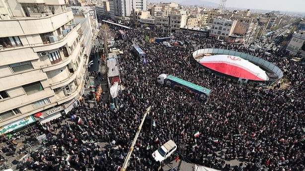 Iranian mourners gather during the funeral of Iran's security chief Ali Larijani and Gholamreza Soleimani