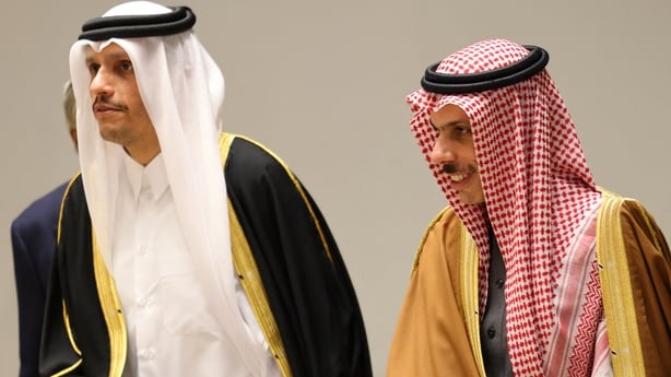 Saudi Arabia's Foreign Minister Faisal bin Farhan Al-Saud (R) and his Qatari counterpart Mohammed bin Abdulrahman al-Thani attend the consultative ministrial meeting in Riyadh, on March 19, 2026. Foreign ministers from Arab and Islamic countries met to discuss the security crisis in the reigon. 