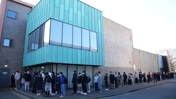 Students wait in line outside the sports hall at University of Kent campus in Canterbury, where the rollout of a meningitis B vaccine to about 5,000 students has begun. Wednesday March 18, 2026.