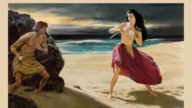 Argosy Magazine Illustration (by Walter Martin Baumhoffer) depicts a dagger fight between a shirtless man and woman (the latter identified as 'Ireland's Pirate Queen Grace O'Malley') 