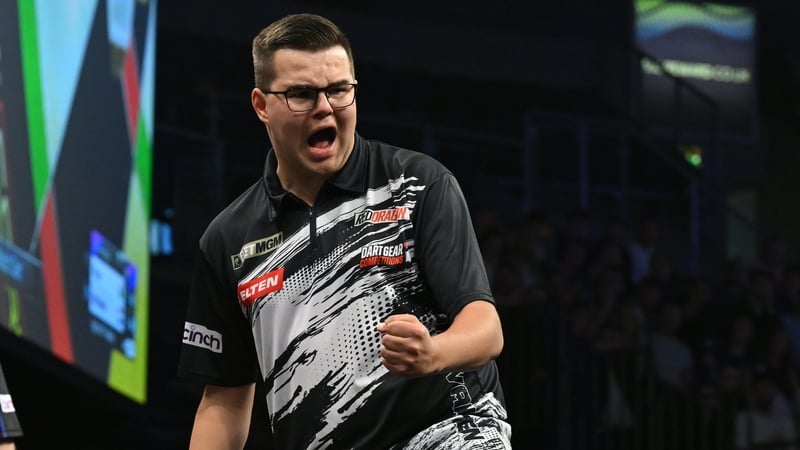 Gian van Veen pictured during his semi final match with Gerwyn Price at The SSE Arena Belfast during the Premier League Darts Night 4 on February 26, 2026 in Belfast, Northern Ireland.