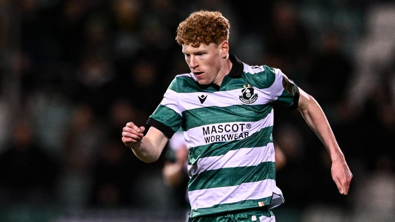 Adam Brennan of Shamrock Rovers during the SSE Airtricity Men's Premier Division match between Shamrock Rovers and Derry City at Tallaght Stadium in Dublin.
